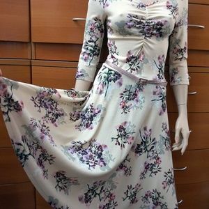 EUROPEAN 3/4 SLEEVE BELTED FLORAL DRESS STRETCH S